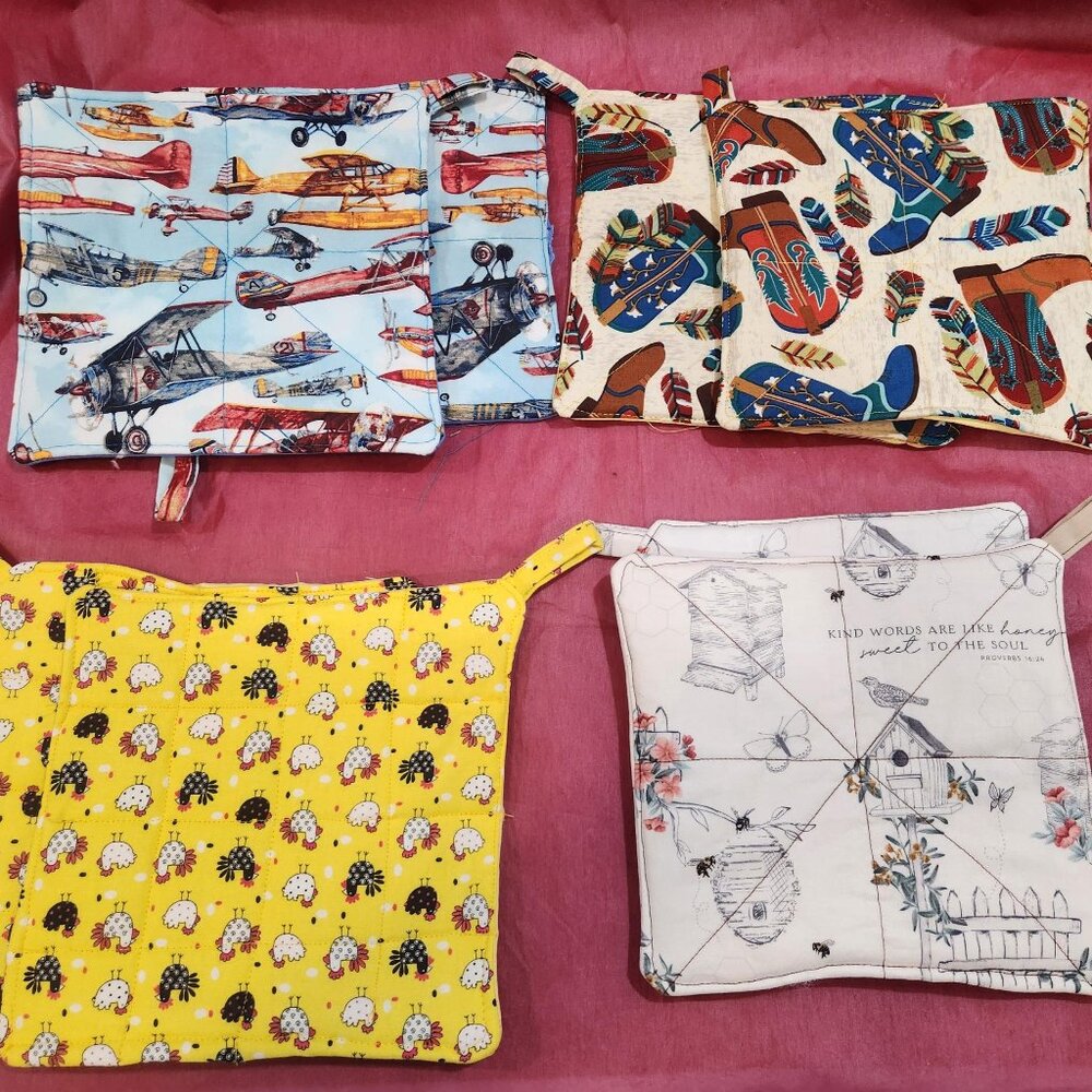 Set of Handmade pot holder: planes, western, chicken & bird house